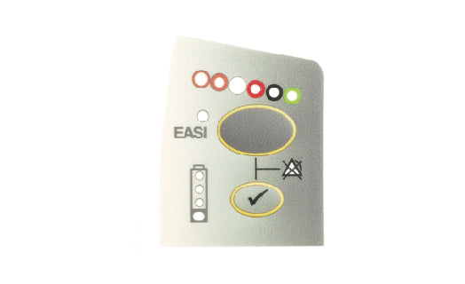 Metallic label with various symbols and the brand 'EASI' on a white background