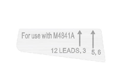 Label for medical equipment with text 'For use with M4841A' and '12 LEADS, 3 5, 6'.