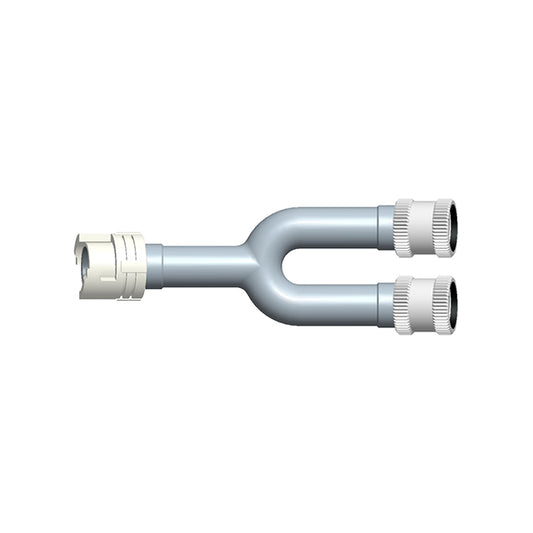 A silver-colored Y-adapter with a single female twist lock on one end and dual female threaded connectors on the other.