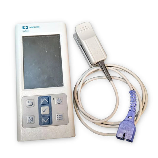 Handheld pulse oximeter with a grey body and a blue sensor cable, displaying a digital screen and control buttons.