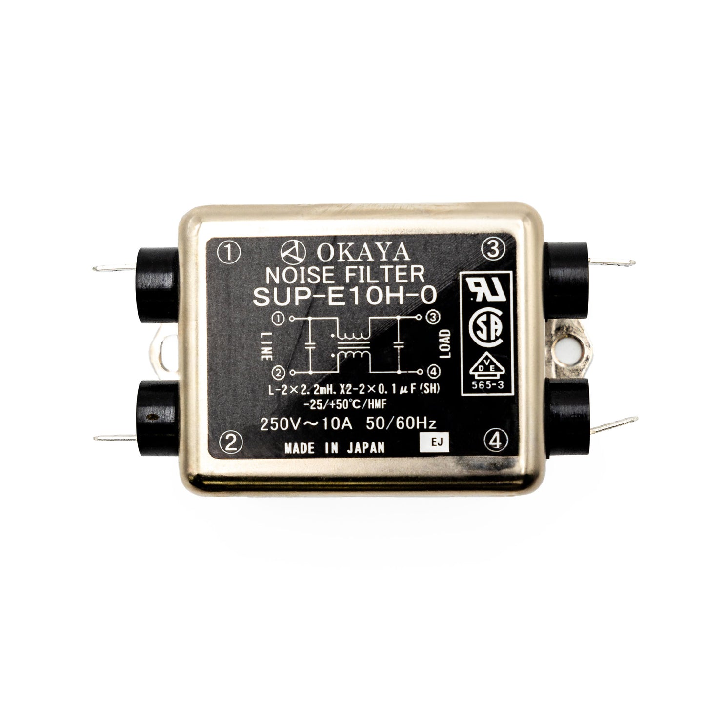 A photo of a noise filter with the brand name OKAYA and model number SUP-E10H-0. It has a label indicating it's a medical device compatible with Hillrom, and it's made in Japan.