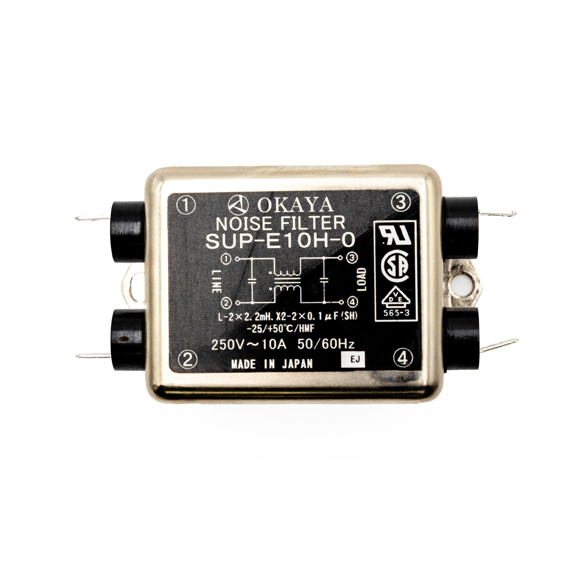 A photo of a noise filter with the brand name OKAYA and model number SUP-E10H-0. It has a label indicating it's a medical device compatible with Hillrom, and it's made in Japan.
