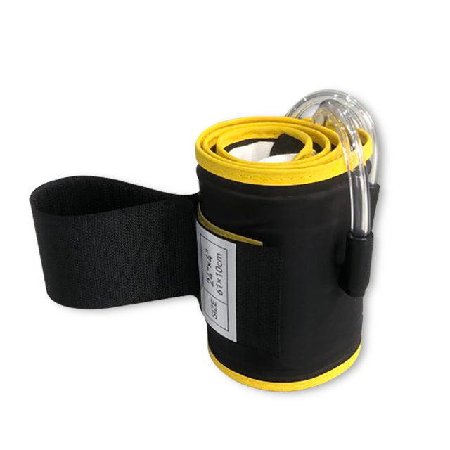 A cylindrical yellow and black tourniquet cuff with tubing and a dual port/single bladder system designed for medical use.