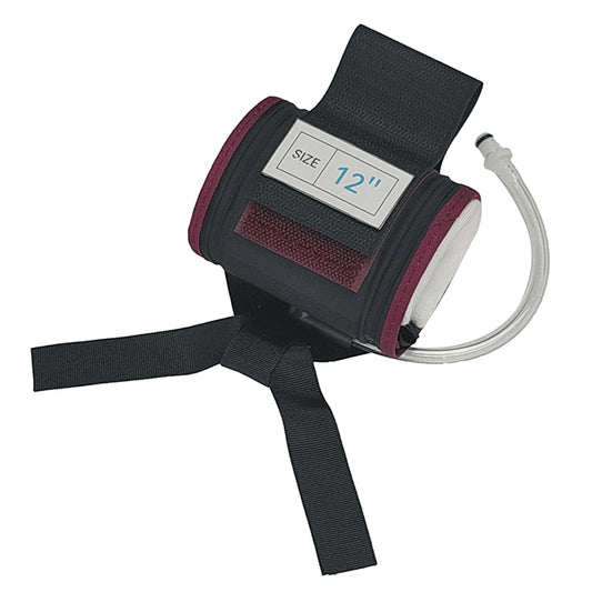 A dark purple Stryker reusable tourniquet cuff with a label indicating size '12 inches', equipped with tubing and limb protection sleeves.