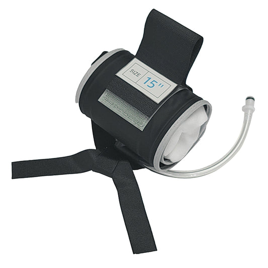 A black and gray Stryker reusable tourniquet cuff with a measurement label of '15 inches' visible on the cuff. The product includes tubing and has a strap for securing.