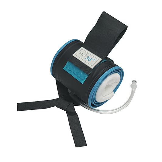 A rolled-up teal-colored tourniquet with black straps and a white label, on a white background.