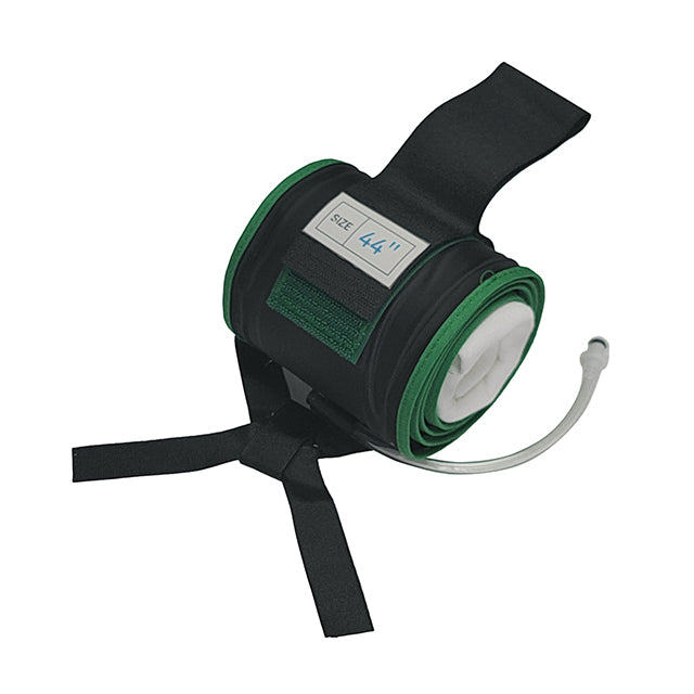 A green and black Stryker reusable tourniquet cuff with a label indicating compatibility.