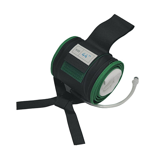 A green and black Stryker reusable tourniquet cuff with a label indicating compatibility.
