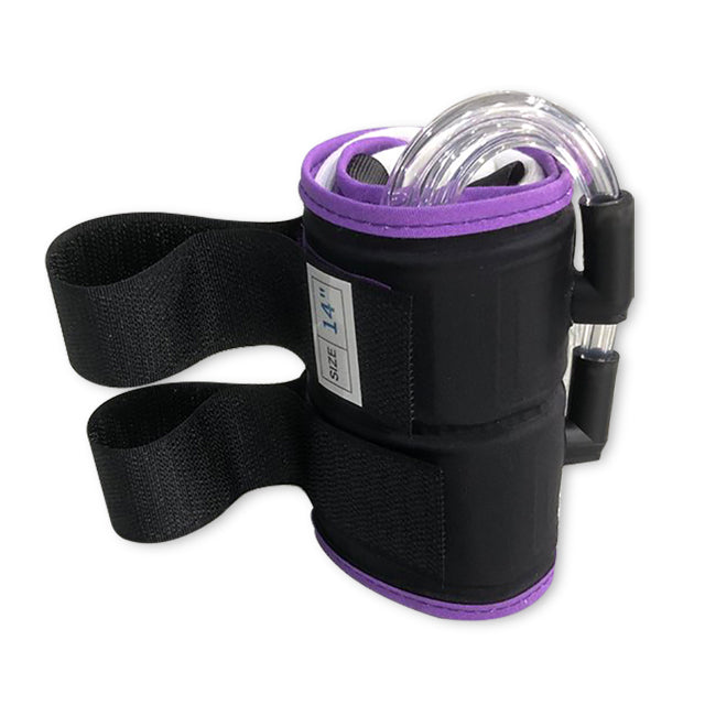 A gray tourniquet cuff with purple trim and tubing, designed for medical use.