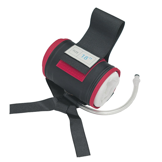 A red and black Stryker tourniquet cuff with a measurement label of '75 cm' on the strap, including a white tubing port, attached to a black strap with buckle.