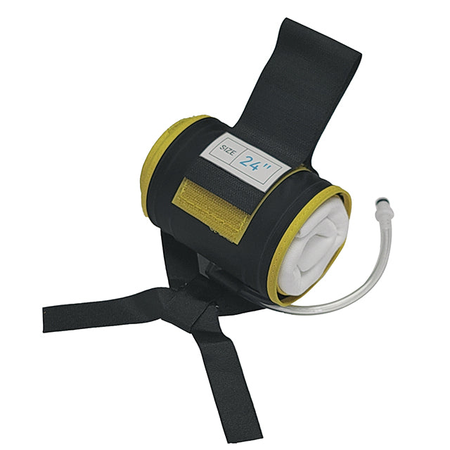 A black and yellow Stryker tourniquet cuff with a white label, tubing, and adjustment straps.