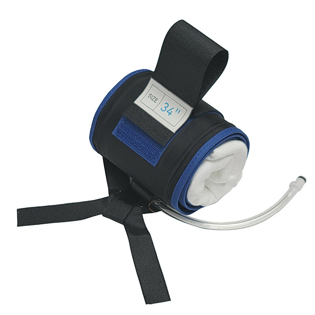 A blue cylindrical tourniquet cuff with a digital readout, tubing, and black straps.