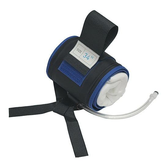 A blue cylindrical tourniquet cuff with a digital readout, tubing, and black straps.