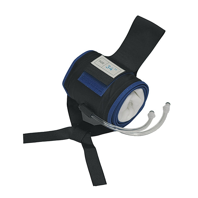 A blue and black Stryker reusable tourniquet cuff with tubing and a label indicating compatibility.