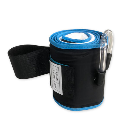 A black and blue cylindrical medical tourniquet cuff with tubing and a limb protection sleeve.