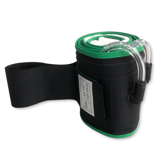 A cylindrical green tourniquet cuff with black straps and tubing, featuring dual ports and a single bladder for limb protection.