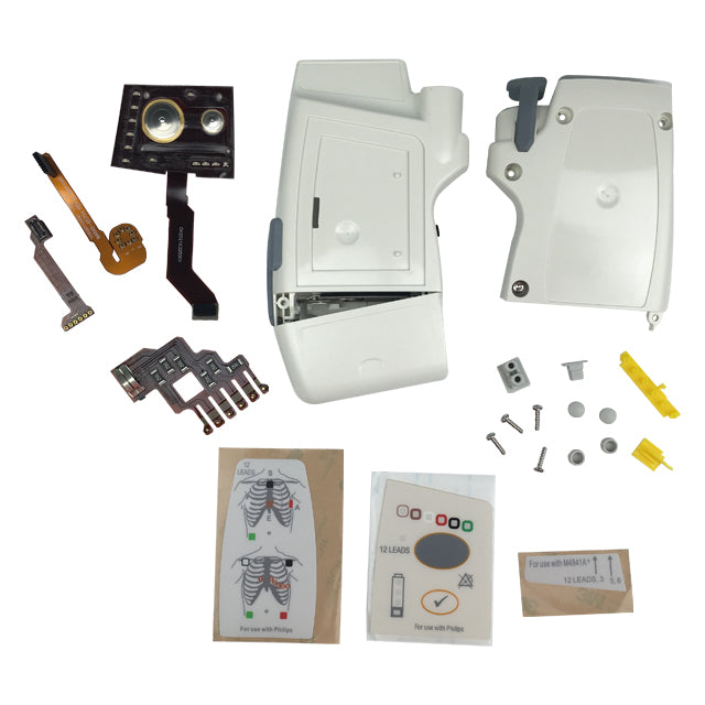 A set of various components for a telemetry kit, including wiring harnesses, sensor brackets, screws, and other assembly parts, displayed on a white background.