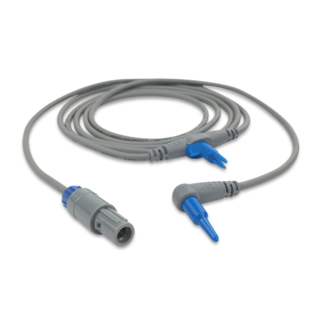 A temperature/flow probe with a grey cable and blue connectors, designed for RT-Series breathing circuits.