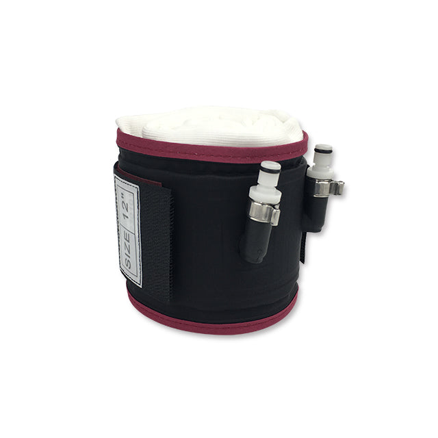 A reusable cylindrical tourniquet cuff with a dual port and a single bladder, featuring a dark purple color with a black and red exterior, and metallic hardware attached to it.