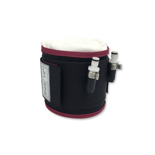 A reusable cylindrical tourniquet cuff with a dual port and a single bladder, featuring a dark purple color with a black and red exterior, and metallic hardware attached to it.