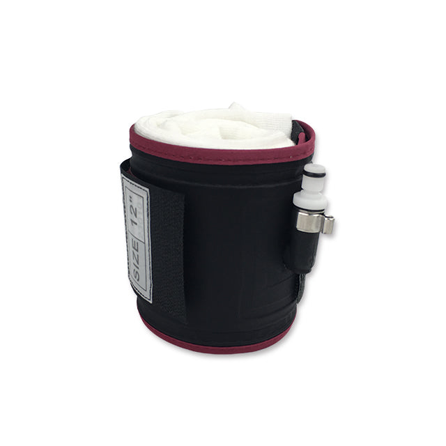 A reusable cylindrical tourniquet cuff in black and dark purple with a single port and a label, designed for medical use.