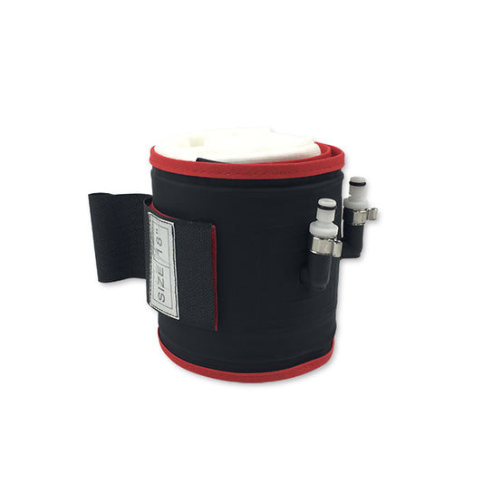 A black and red reusable tourniquet cuff with a dual port and a single bladder, designed for medical use.