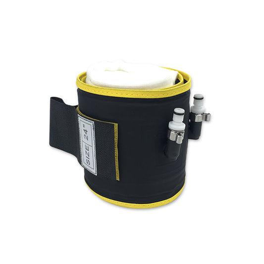 A black and yellow reusable tourniquet cuff with dual port and single bladder designed for medical use.