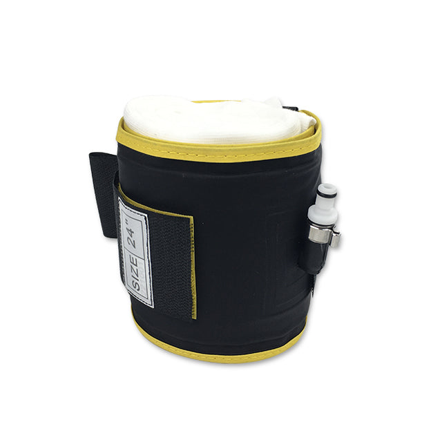 A black and yellow reusable tourniquet cuff with a white label on the front