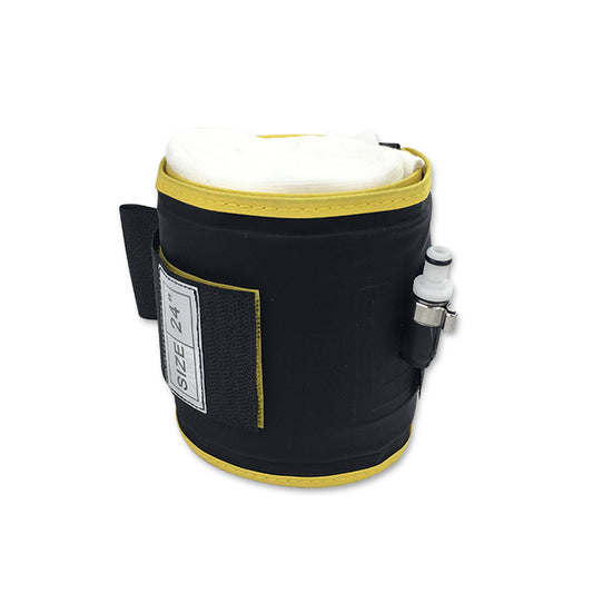 A black and yellow reusable tourniquet cuff with a white label on the front
