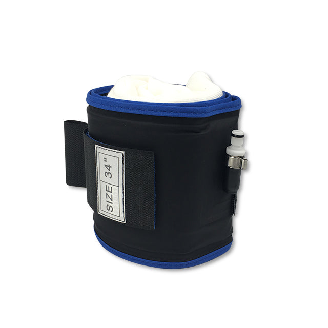 A black and blue reusable tourniquet cuff with a single port and a single bladder, marked with the text 'SIZE 34"' on a white label.