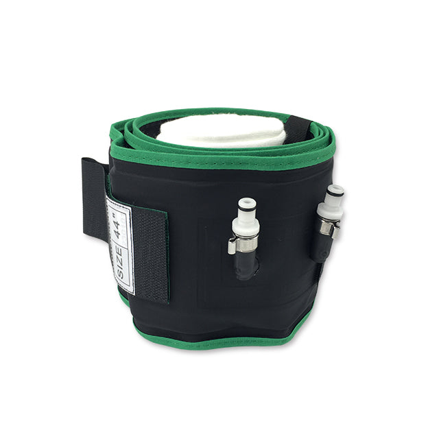 A rolled-up reusable tourniquet cuff with a dual port and a single bladder, featuring green and black colors with a visible brand label.
