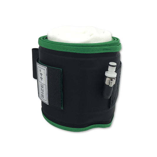 A reusable cylindrical tourniquet cuff in black and green with a white single port and single bladder, designed for compatibility with Zimmer tourniquet systems.