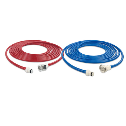 Two reusable hoses, one red and one blue, each with a white connector at one end, coiled and presented against a white background.
