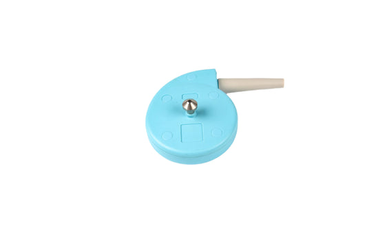 Blue electronic component with a white cable on a white background