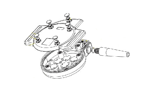 Technical drawing of a mechanical device with components and a handle.