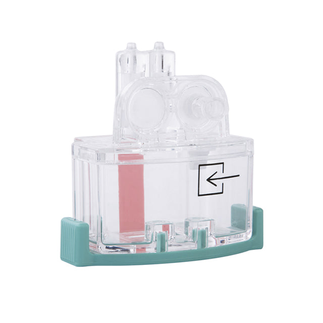 A transparent water trap designed for use with Philips M1657B Original Water Trap for G5 Gas Module, with visible pink and black internal components.