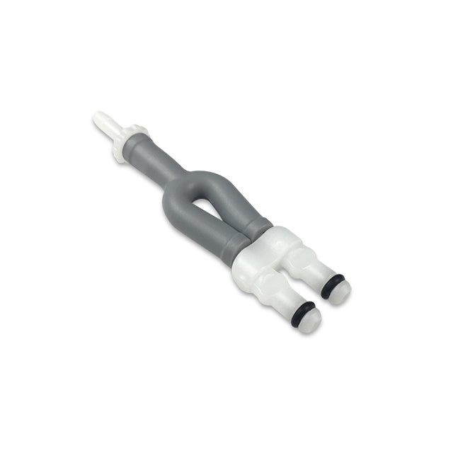 A single Y-shaped male barb to Neo-Snap male plug, typically used in medical or technical applications for connection or fitting components.