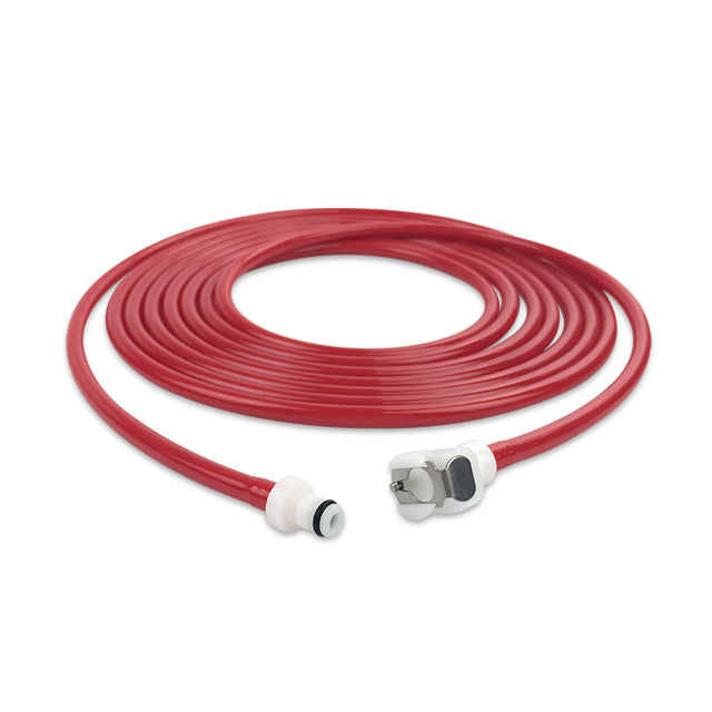 A red and white single port hose with compatible connectors at one end, coiled and presented against a white background.