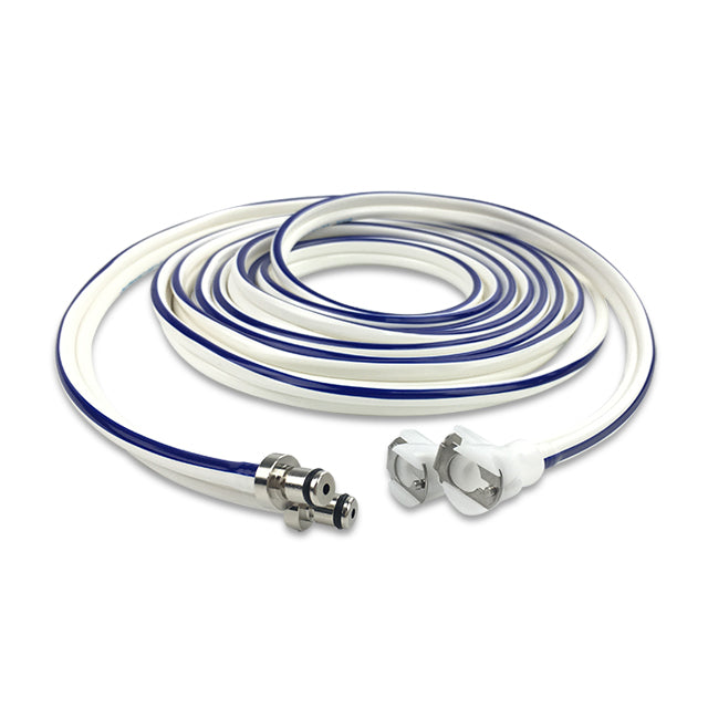 A coiled dual port hose with blue and white coloring and metallic connectors.