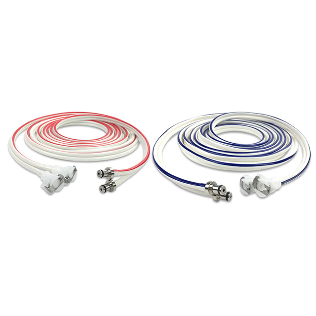 Two coiled tourniquet hoses, one with red/white coloring and the other with blue/white coloring, each with dual ports.