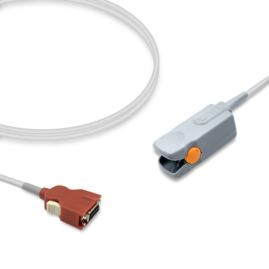 An SpO2 finger clip sensor with a red DCI-DC3 connector and a gray body.
