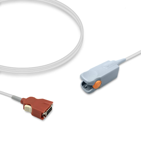A SpO2 sensor with a red 20-pin connector and a pediatric finger clip, grey cable, and a white TPU jacket.