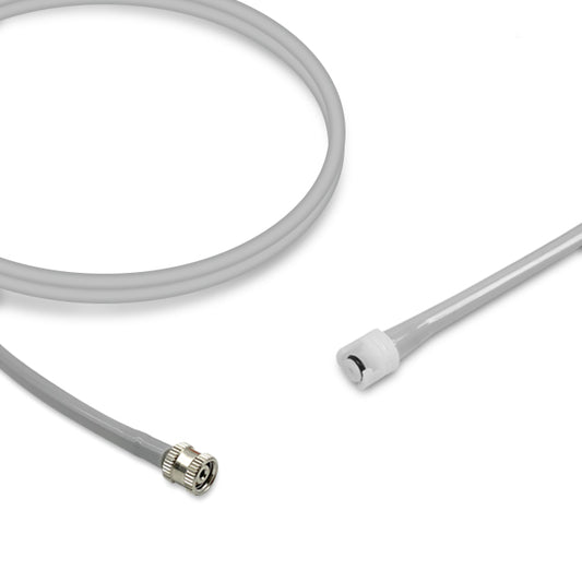 A gray single-lumen NIBP air hose with a female screw distal connector and a male twist-lock proximal connector.