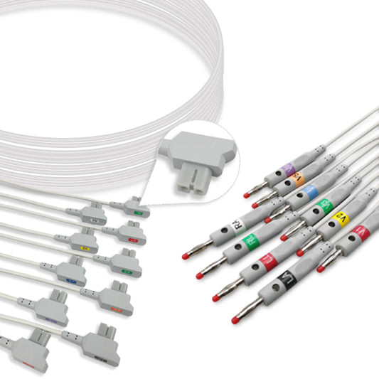 A set of medical ECG (electrocardiogram) leads with multi-color connectors and white cables, compatible with GE Healthcare ECG equipment.