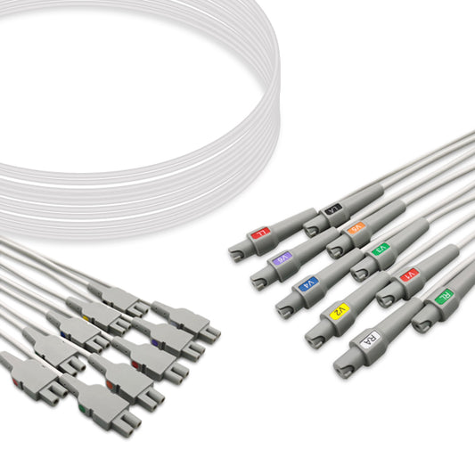 A set of gray ECG (electrocardiogram) leads with multi-colored connectors, compatible with Marquette/GE ECG systems.
