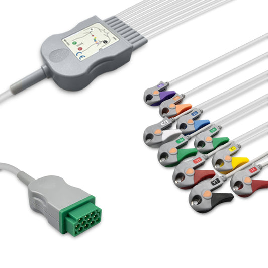 A set of medical equipment ECG cables with a grey connector and multi-colored wires, designed for use with GE Healthcare equipment.