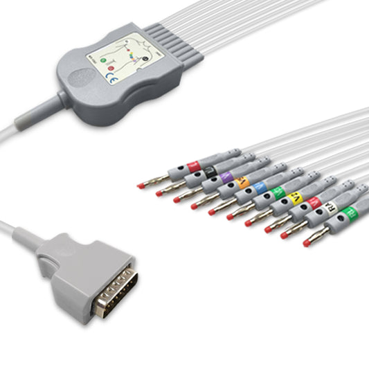 A gray one-piece ECG cable with a 4mm banana connector and colored lead wires, compatible with Nihon Kohden equipment.