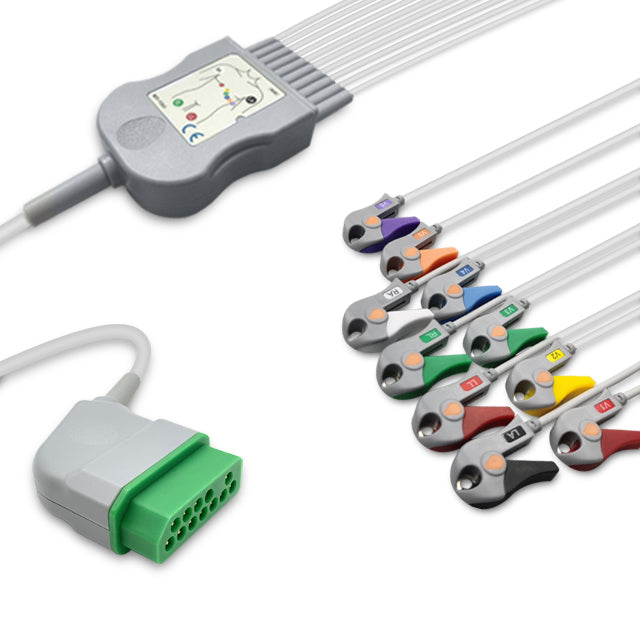 A set of gray ECG cables with various colored connectors, including a 12-pin distal connector and a proximal pinching/grabber. The cables are designed for use in medical equipment.