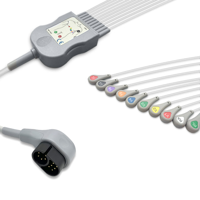 A set of gray ECG cables with various colored connectors, including a snap connector and multiple limb leads.