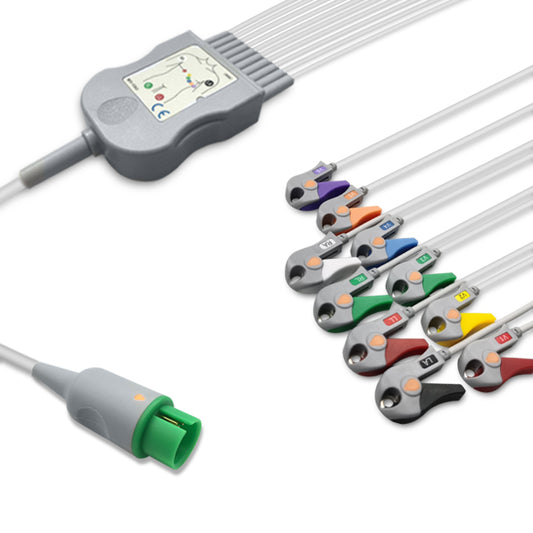 A set of gray ECG cables with various colored connectors, including a green one-pin connector and multiple multi-pin connectors in different colors.